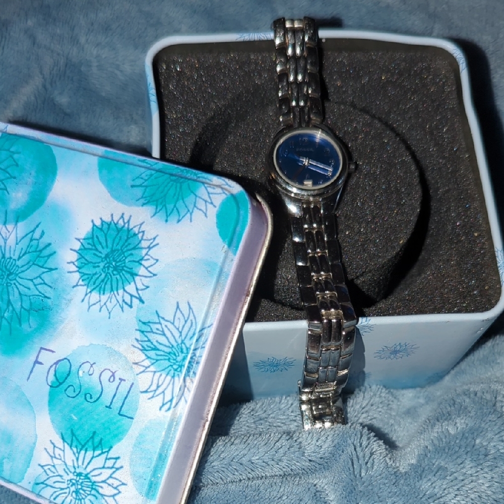Fossil Silver Bracelet Watch with Deep Blue Face